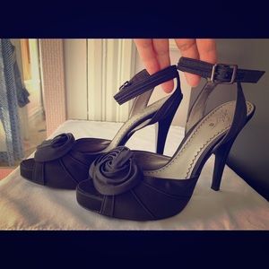 NEW: Black Satin-like Material, Platform Heel